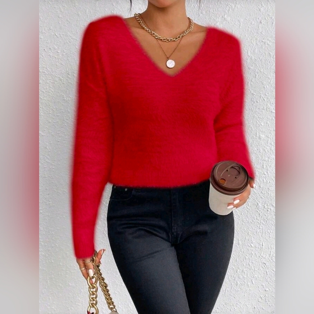 New Luxe Fluffy Knit V Neck Sweater Top Red